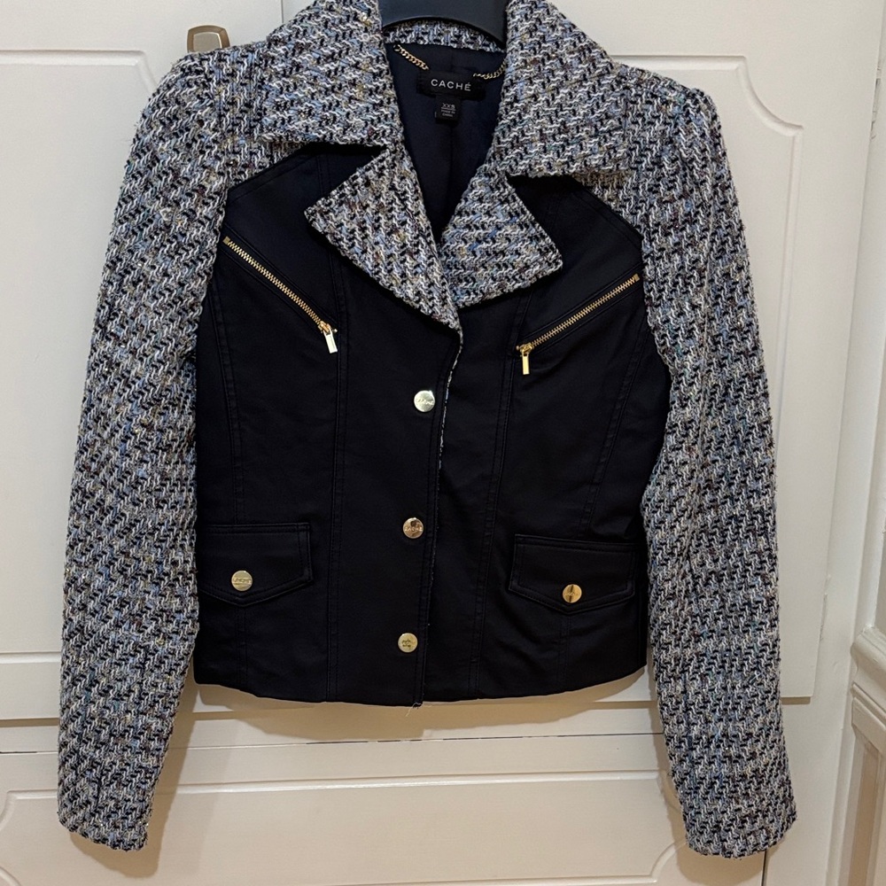 Cache Navy Body with Gold, Blue (light and navy), Gold  Tweed Sleeve Blazer